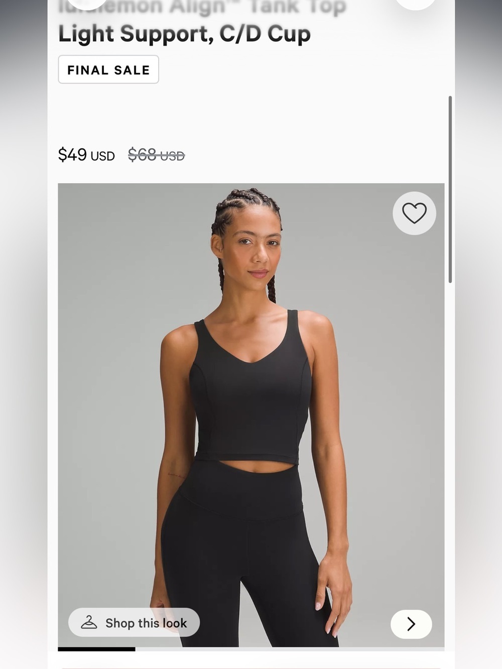 lululemon athletica Black V-Neck Cropped Camisole 12-16 1/2